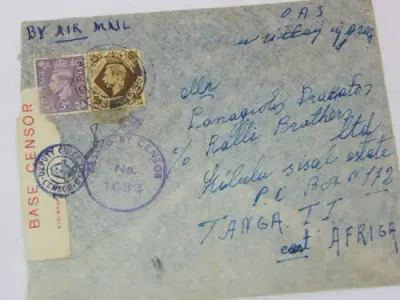 Censored Airmail cover Field Post Office to Tanganjika with Base censor sticker and 2 censor rubber