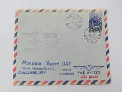 Airmail cover Paris,France to Salisbury, Rhodesia with French stamp cancelled 14-9-1960- Description