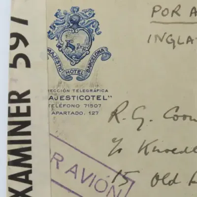 Airmail cover Spanish civil war era Barcelona to London on Majestic Hotel Barcelona Stationery