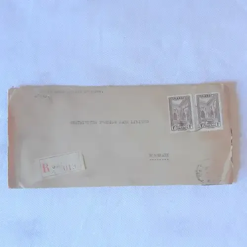 Registered postal cover from SAFI, Morocco to Bordeaux, France with 2x 1F Moroccan stamps