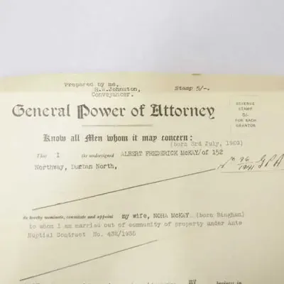 1941 Lawyer`s Power of Attorney with Revenue stamps - done by Albert F Mckay of Durban North