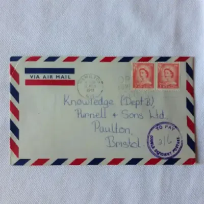 Taxed airmail cover from Hamilton, New Zealand to Bristol, England with 2x3d New Zealand stamps