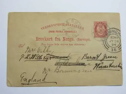 Pre-printed card sent from Norway to England and cancelled 28/07/1894, received and sent 24/07/1894