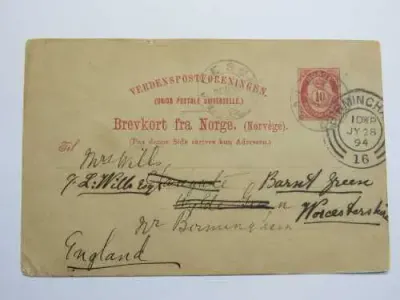 Pre-printed card sent from Norway to England and cancelled 28/07/1894, received and sent 24/07/1894