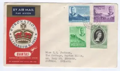Mauritius Quantas flight 1953 Coronation of Elizabeth 2 cover - Port Louis, Mauritius to Suffolk