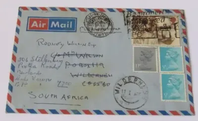 Airmail letter sent from Stoke On Trent, England to Wilderness, South Africa