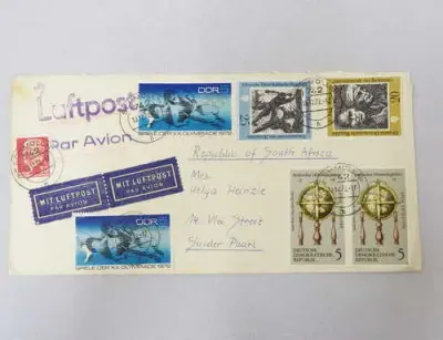 Airmail cover from Schmolln, Germny to Paarl, South Africa with airmail tags, Par Avion and Luftpost