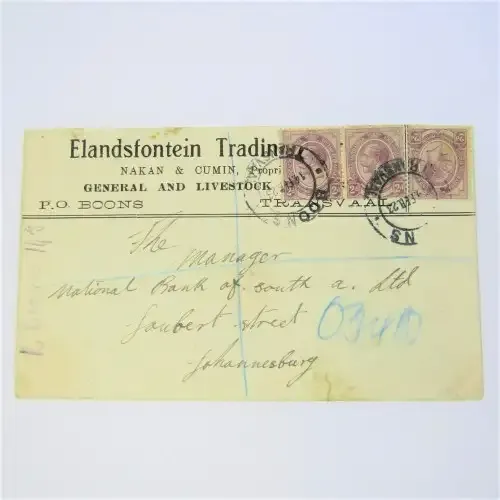 SA Union Elandsfontein Trading registered cover 3 x 2d stamp with booms cancel with square Dup