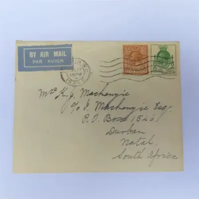 Airmail cover from London, England to Natal, South Africa - 27 August 1929 - With 5 1/2 rated stamps