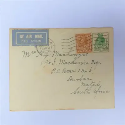 Airmail cover from London, England to Natal, South Africa with 5 1/2d rate British stamps