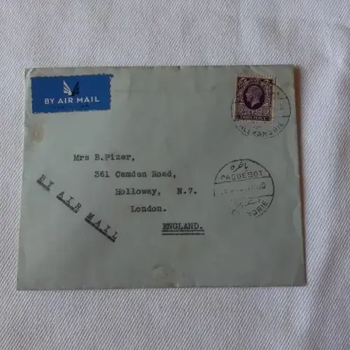 Paquebot postal cover from Alexandria to London, England with 3pence stamp - Via airmail
