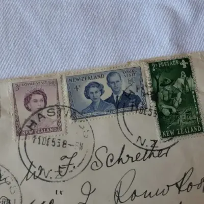Airmail cover from Hastings, New Zealand to Cape Town, South Africa with 7 New Zealand stamps