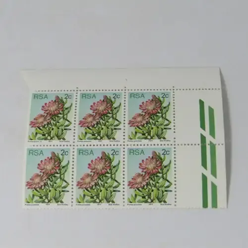 South Africa 2c Protea 1977 SACC 419 - block of 6 with error on top left stamp