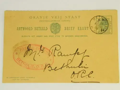 18 Feb 1901 Free State Bethulie postcard printed with VRI overprint under British occupation SCARCE