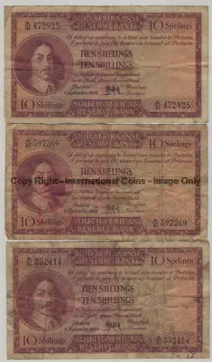Lot of 8 well used and dirty MH de Kock Ten Shilling banknotes - at under half of Fine value