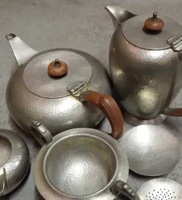 Vintage Pewter coffee and tea set with milk and sugar bowl