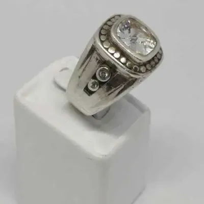 Sterling Silver ring with 5 stones - Central clear stone and 4 diamonds on side size T -weighs 15.4g
