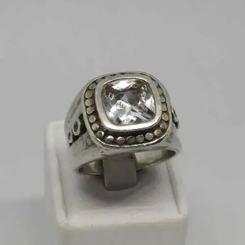 Sterling Silver ring with 5 stones - Central clear stone and 4 diamonds on side size T -weighs 15.4g