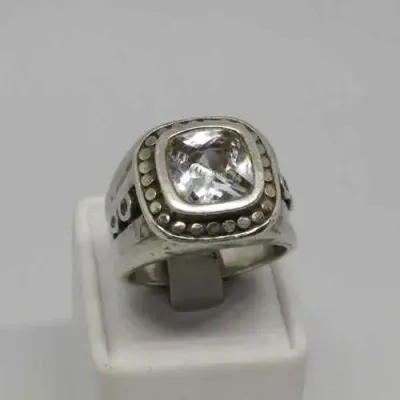 Sterling Silver ring with 5 stones - Central clear stone and 4 diamonds on side size T -weighs 15.4g