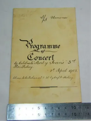 1902 Programme of concert to celebrate baby Joan`s 3rd birthday on SS Umona under Capt. Hedley
