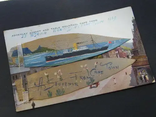 Postcard plus painting on leaf of the SS Erica arriving at Cape Town in 1929 - as per photo