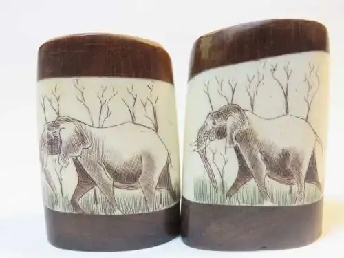 Wood and bone pepper and salt shakers Scrimshaw design
