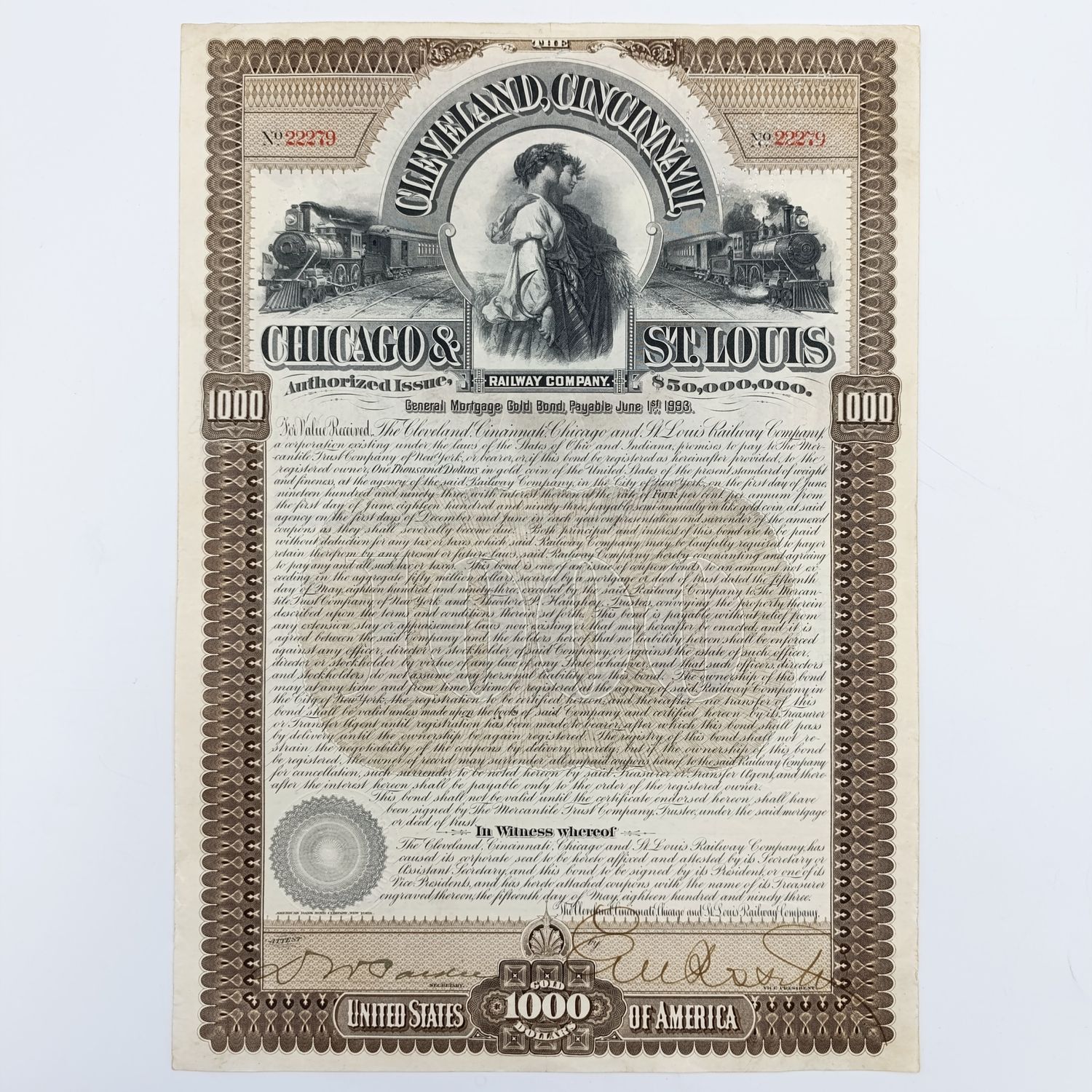 Cleveland, Cininnati, Chicago and St Louis Railway company 1893 - $1000 Gold bond - no. 22279