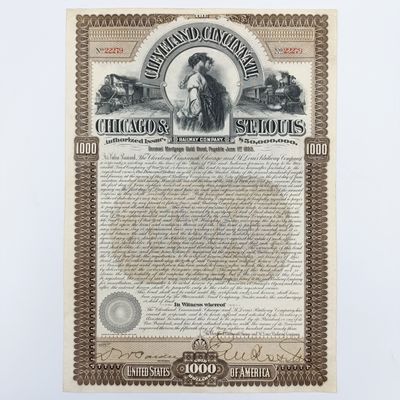 Cleveland, Cininnati, Chicago and St Louis Railway company 1893 - $1000 Gold bond - no. 22279