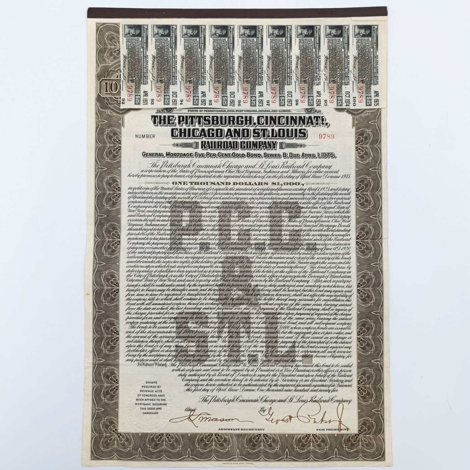 $1000 Gold bond - The Pittsburgh, Cincinnati, Chicago and St. Louis railroad company - 1925 issue - no 9789 - with 9 tabs of $25 each