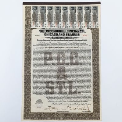 $1000 Gold bond - The Pittsburgh, Cincinnati, Chicago and St. Louis railroad company - 1925 issue - no 9789 - with 9 tabs of $25 each