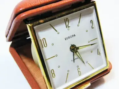 Vintage Europa 2 Jewels bedside alarm clock in original box - working - missing 2 screws at hinge