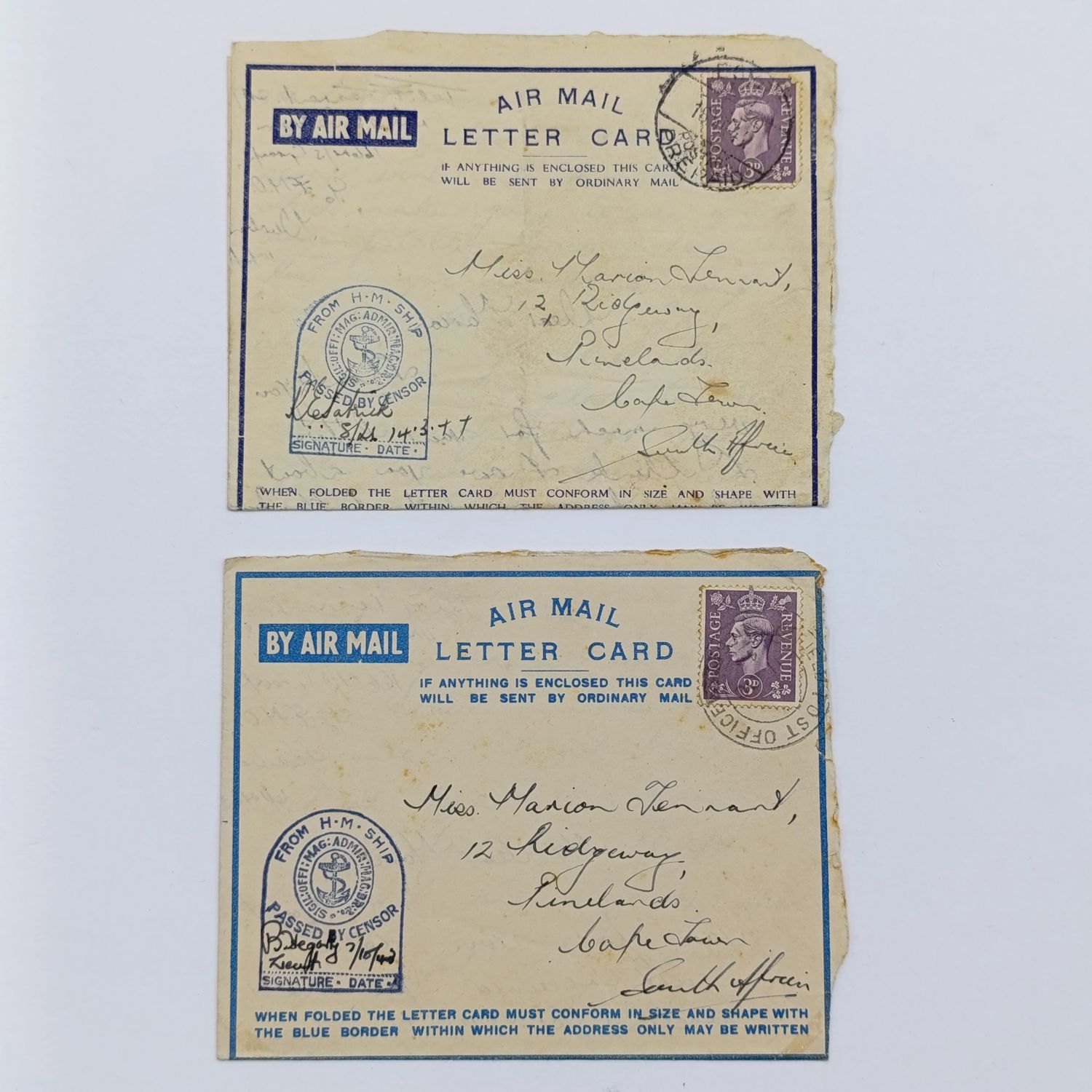 WW2 Airmail letter cards sent by Joe Tennant stationed on the HMSAS Seksern to his sister Marian in Pinelands 1943 and 1944 - passed by censor