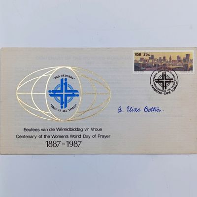 Postal cover RSA Centenary of the Women&#39;s World day of prayer signed by Elize Botha ( wife of PW Botha)