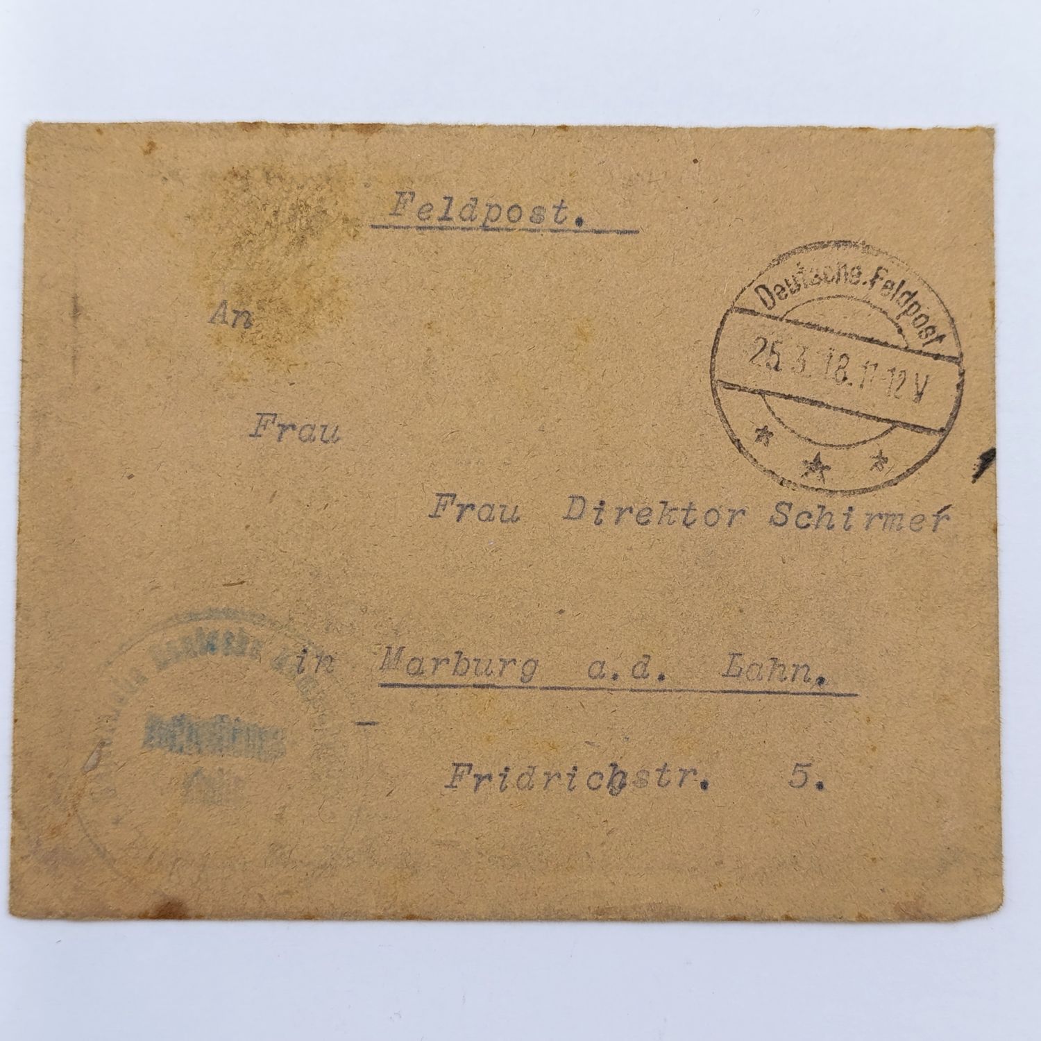 1918 Feldpost WW1 cover addressed to Frau Director Schirmen, Marburg Deutsche Feldpost (star instead of number) Letter inside mentions which food is available - presumably after a query)