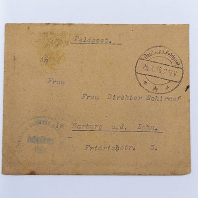 1918 Feldpost WW1 cover addressed to Frau Director Schirmen, Marburg Deutsche Feldpost (star instead of number) Letter inside mentions which food is available - presumably after a query)