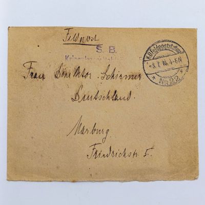 1916 WW1 Feldpost wartime cover to Marburg Feldpoststation no. 22.  Addressed to Frau Director Schirmen
