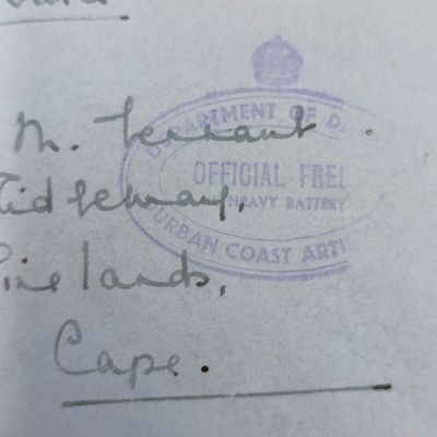 WW2 On Active service cover with Durban Artillery OFFICIAL FREE Rubber stamp