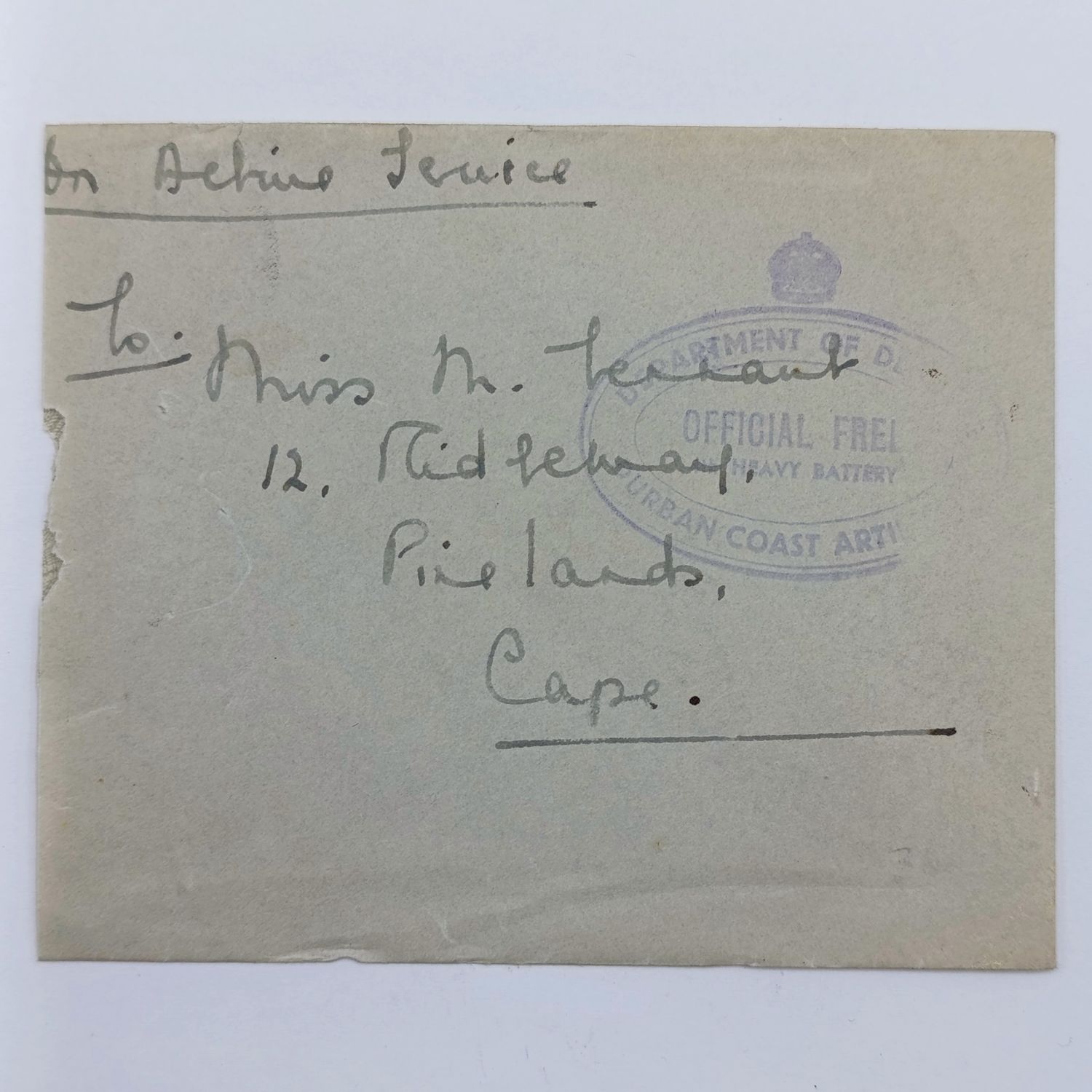 WW2 On Active service cover with Durban Artillery OFFICIAL FREE Rubber stamp