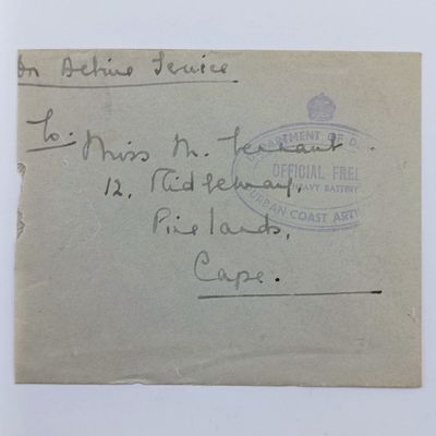 WW2 On Active service cover with Durban Artillery OFFICIAL FREE Rubber stamp