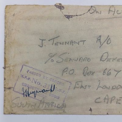 South Africa 1941 On Active service cover APO 60 to East London passed by censor