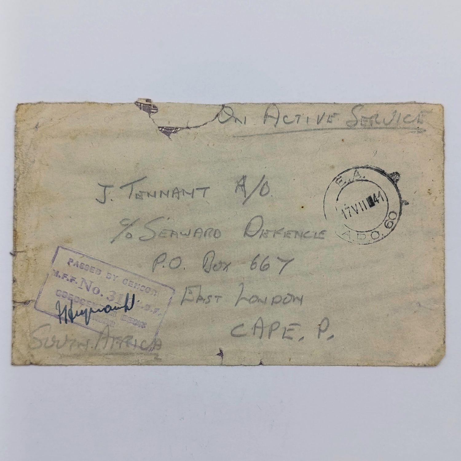 South Africa 1941 On Active service cover APO 60 to East London passed by censor