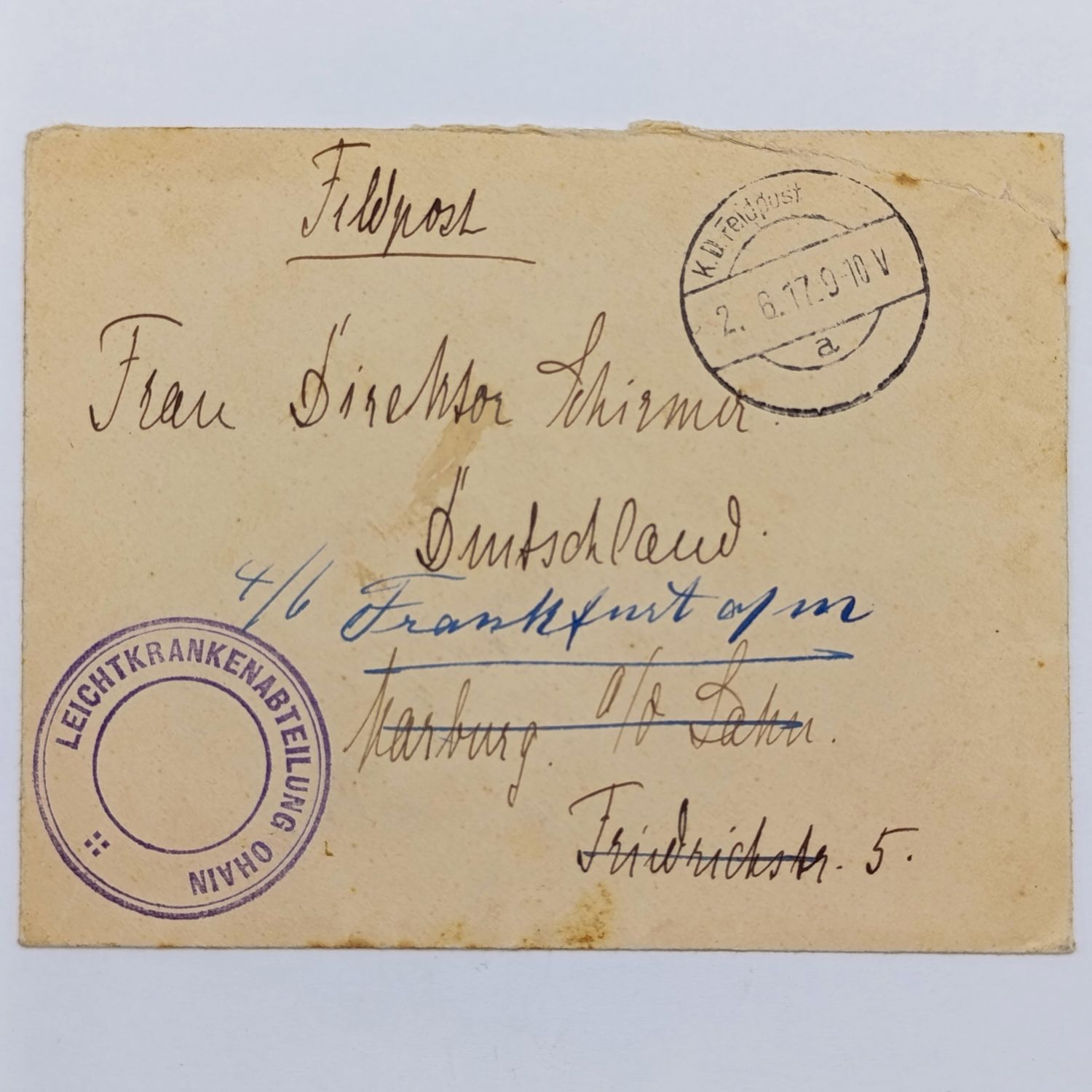 WW1 Feldpost cover addressed to Frau Director Schirmen - redirected to Frankfurt from Harburg - Medical department rubber stamp