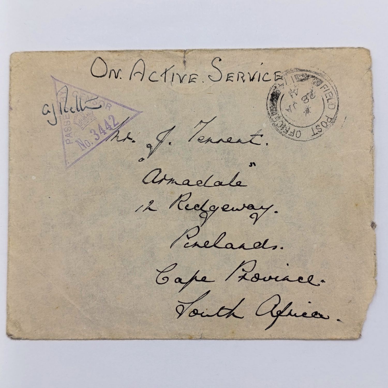 1941 WW2 On Active service cover posted from Field Post Office 174 to Pinelands South Africa - with passed by Censor 3442 rubber stamp mark