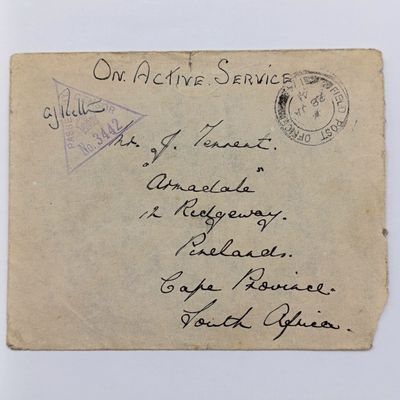 1941 WW2 On Active service cover posted from Field Post Office 174 to Pinelands South Africa - with passed by Censor 3442 rubber stamp mark