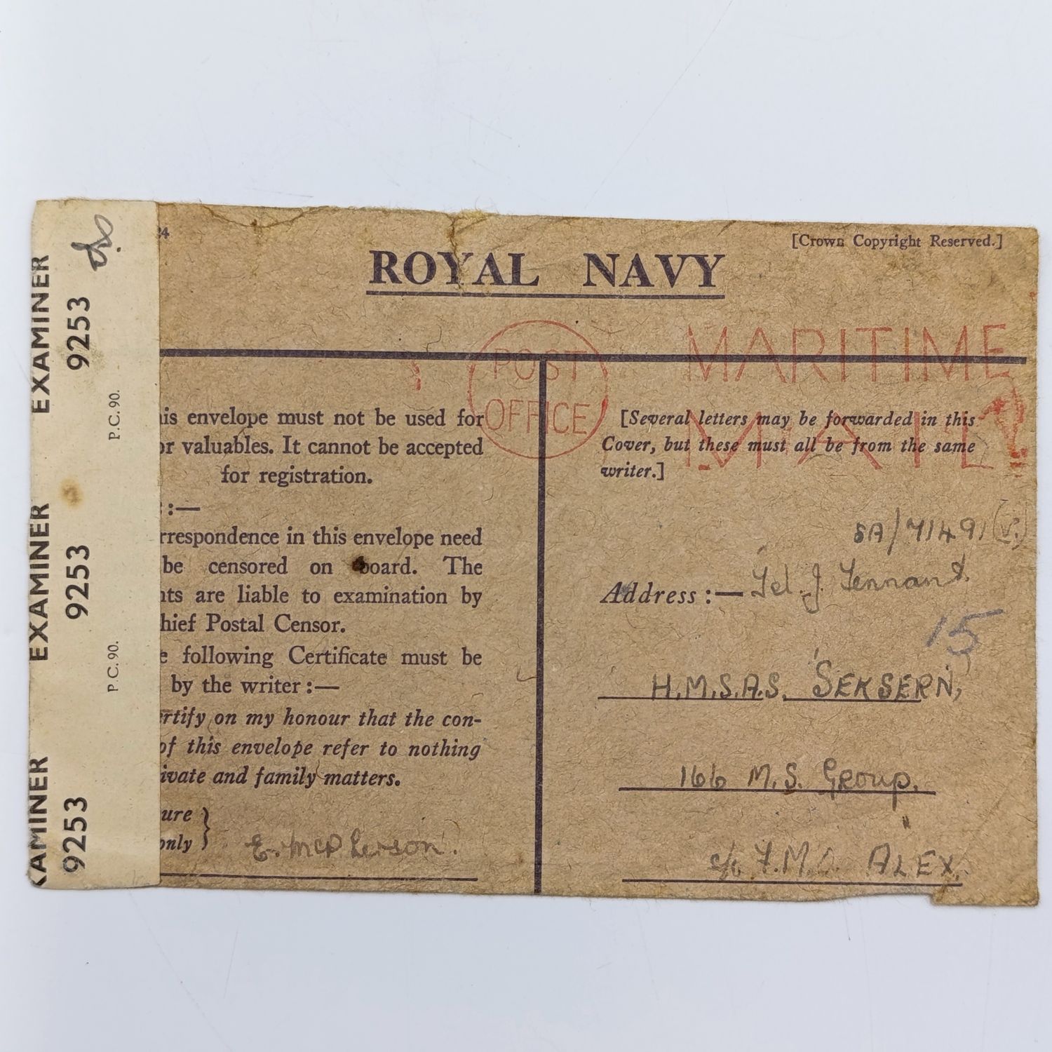 Censored cover on Royal NAVY Stationery - Maritime mail cancel applied and resealed by censor 9253 - Posted to Telegrapgh operator of HMSAS SEILSERN minesweeper WW2 period