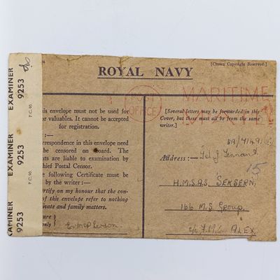 Censored cover on Royal NAVY Stationery - Maritime mail cancel applied and resealed by censor 9253 - Posted to Telegrapgh operator of HMSAS SEILSERN minesweeper WW2 period