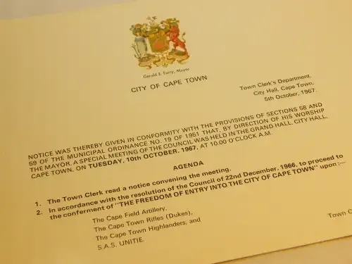 Souvenir brochure for the ceremony of the Freedom of entry to Cape Town granted to Cape Field