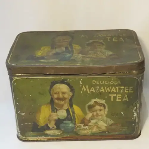 Ouma Mazawattee tea tin with over 900 antique and vintage buttons
