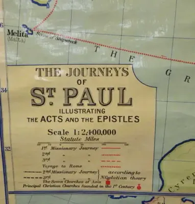 Bible Lands Cloth School map Nr.7 - A: The Journeys of st Paul B: The Roman Empire - 1948