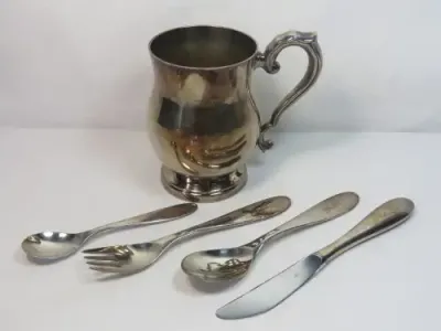 Set of vintage WMF 90 cutlery and silver plated mug - Marked `Peter` on all pieces